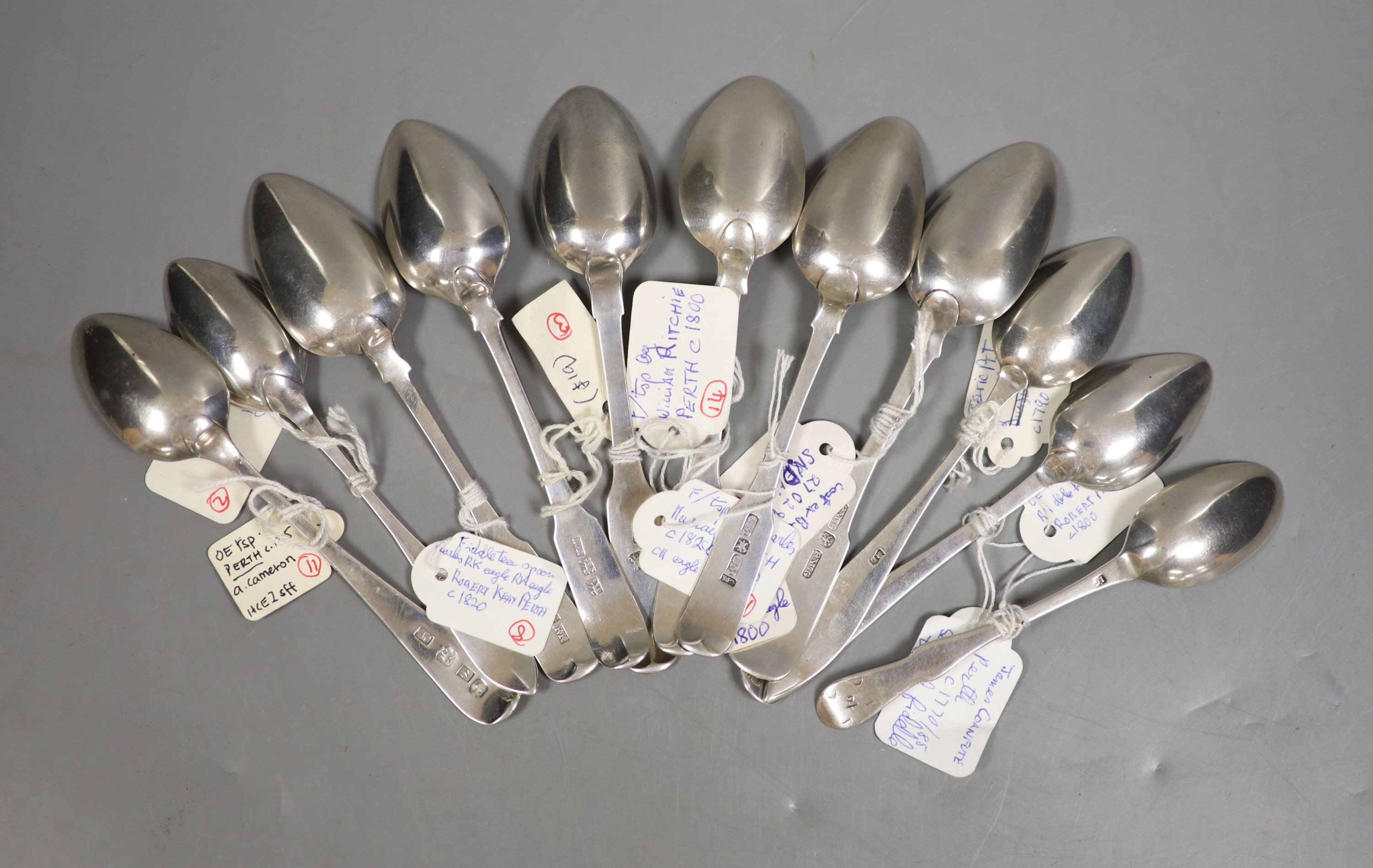 A collection of eleven 18th & 19th century Scottish provincial silver teaspoons, Robert Keay, Perth(3), William Ritchie Perth(3), Robert MacGregor, Perth(1) and four other Perth? teaspoons, (possibly James Cornfute, R...